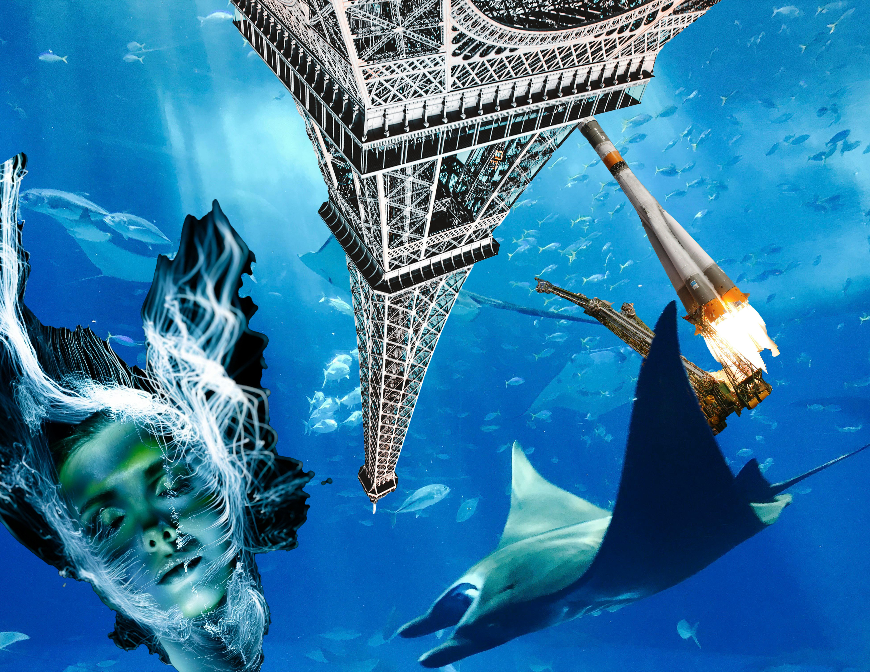underwater scene with floating ghostly head of a woman, upside down eiffel tower, and a rocket